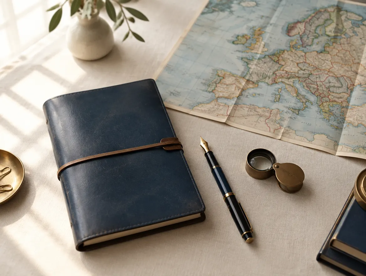 Notebook, fountain pen, loupe and a map of Europe on a bright desk