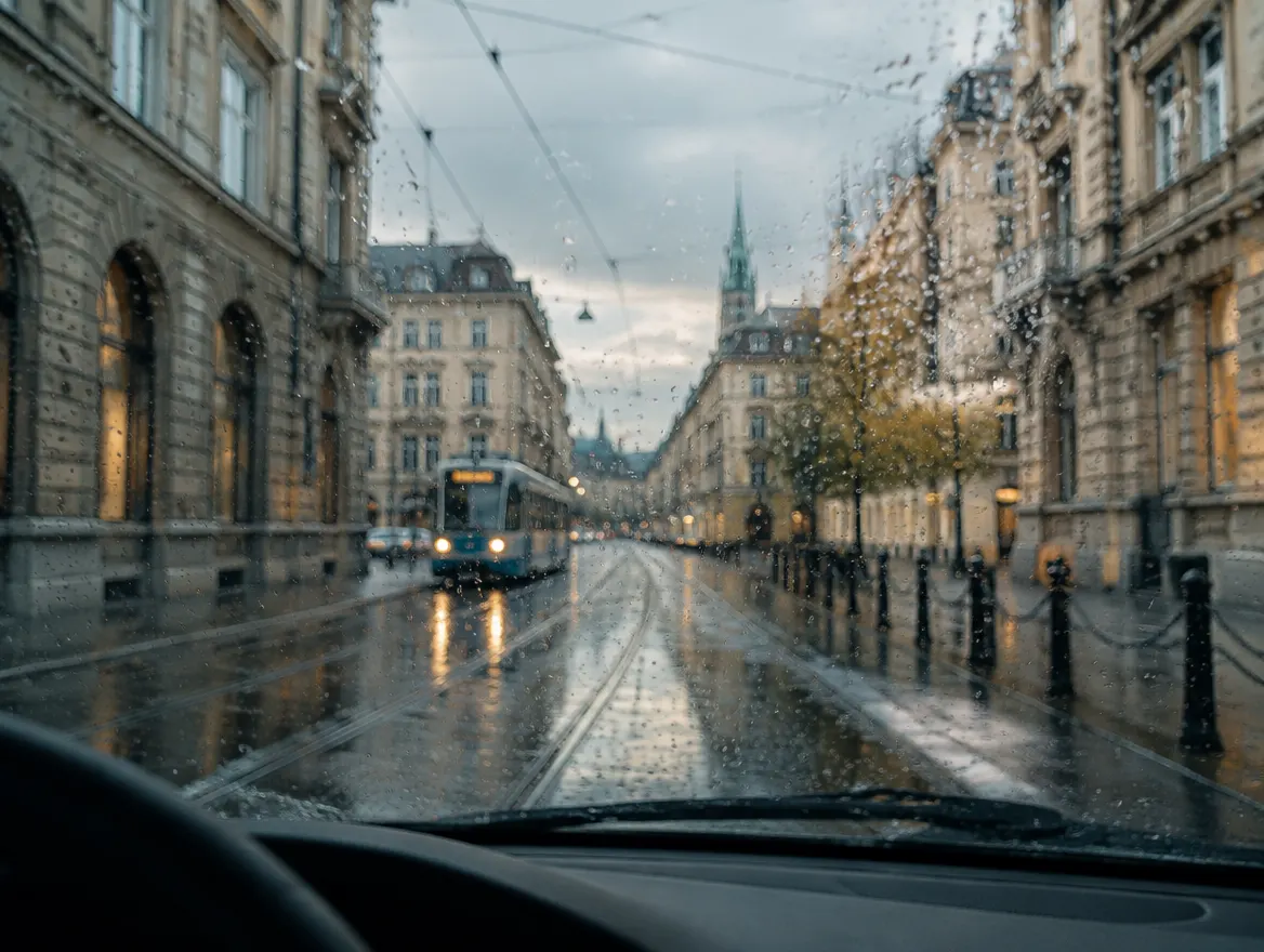 View through a rain-speckled windscreen onto a European street